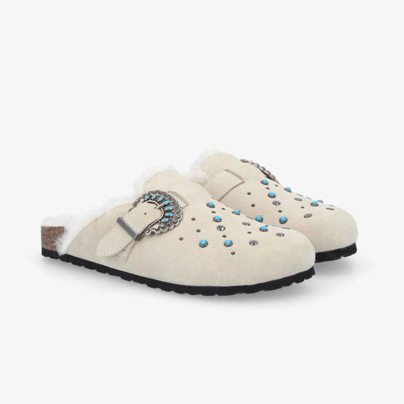 PALOMA CLOG W - SUEDE/FUR/RIVET -  BLANC CASSE/BLEU TURQUOISE